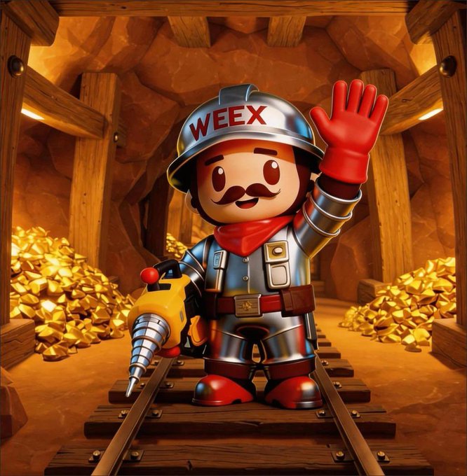 The image features a cartoon character dressed as a construction worker with a helmet and red gloves standing next to a train track filled with gold coins, which are scattered around him. The character appears to be waving at the viewer while holding a drill or jackhammer in his hand. The scene is set against a backdrop of a cave-like structure made of wood, adding an element of adventure and mystery to the image.