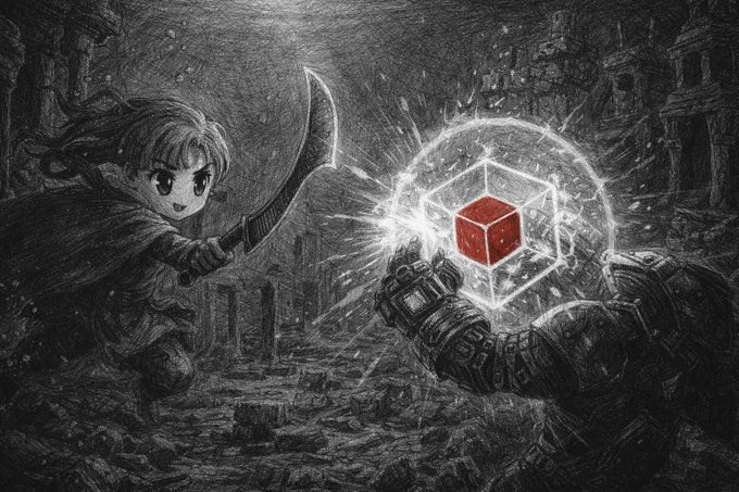 A sketch-style illustration shows a small, cartoonish warrior wielding a scythe attacking a larger armored figure who conjures a glowing shield around a red cube, symbolizing an ethical hacker exposing and defending against a vulnerable AI agent wallet, which drained $20k in a single unconstrained API call before returning the funds.