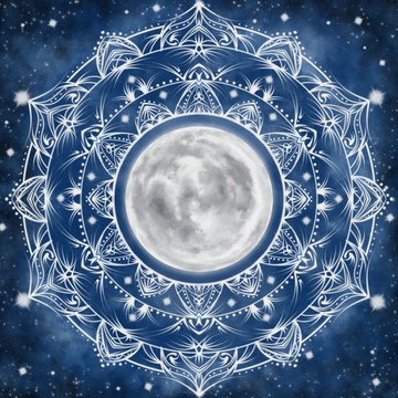 A mystical digital artwork displays a detailed white mandala pattern set against a deep blue starry night sky background. A luminous full moon sits at the center of the intricate, symmetrical geometric design, creating a celestial and meditative atmosphere.