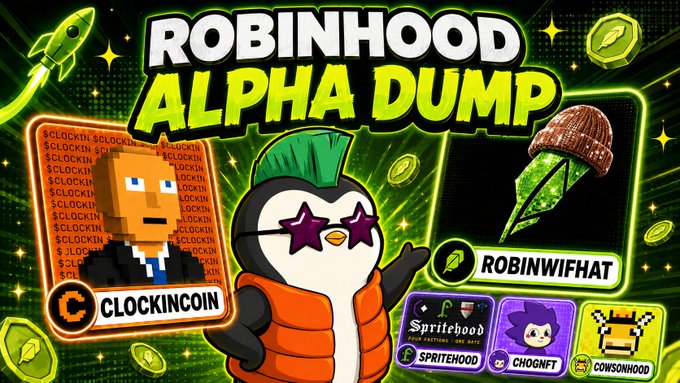 A vibrant promotional graphic titled "ROBINHOOD ALPHA DUMP" featuring a pixelated orange "CLOCKINCOIN" avatar, a rocket-shaped "ROBINWIFHAT" image, and logos for Spritehood, ChogNFT, and CowsonHood, summarizing NFT project updates and alpha details from the accompanying post.