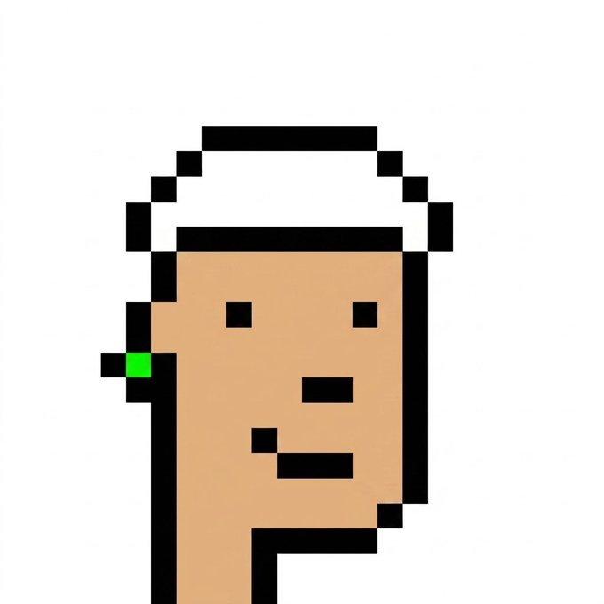 A pixel art portrait of a person with tan skin wearing a white headband, featuring a small green pixel accent near the ear and a simple smiling face.
