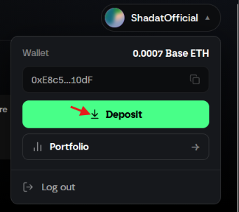A crypto wallet menu for “ShadatOfficial” shows a balance of 0.0007 Base ETH, with a bright green “Deposit” button highlighted by a red arrow and options for “Portfolio” and “Log out.” The image does not visibly reference the AXIS x KAITO reward or claimed $1,400 from the accompanying post.