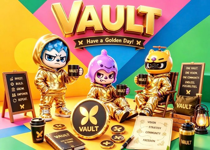The image features a group of cartoon characters, including a gold-colored character with a blue hoodie holding a cupcake, sitting next to two other characters wearing suits and holding cups. The background includes a colorful mural and text that reads "VAULT" and "Have a golden day!".