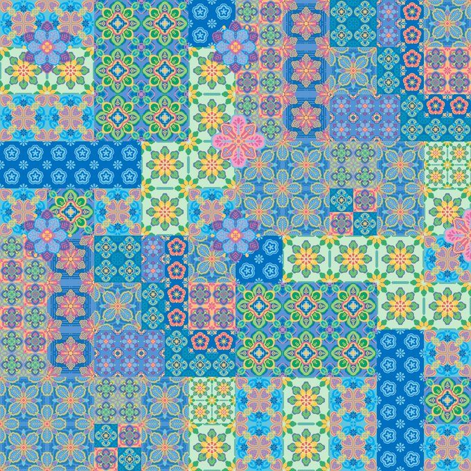 A colorful, psychedelic pattern featuring intricate floral and geometric designs in various shades of blue, green, pink, and yellow.