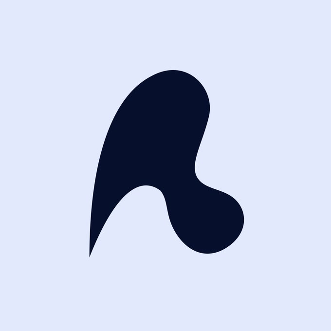 A minimalist dark navy abstract shape resembling a stylized bird or letter on a light gray background.