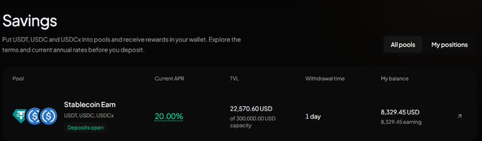 Dark-themed screenshot of a crypto savings platform showing a 'Stablecoin Earn' pool with a 20.00% current APR and a balance of 8,329.45 USD.