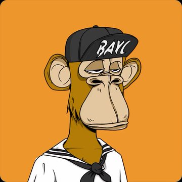 Cartoon illustration of a bored-looking monkey wearing a black and white cap with "BAYC" written on it, dressed in a sailor-style shirt with a black neckerchief.