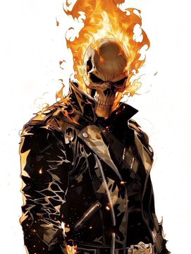 A digital illustration depicts Ghost Rider, the flaming-skulled Marvel antihero, wearing a black leather jacket as bright orange flames engulf his skull. The fiery skull design directly reflects the inspiration behind the MadLads Skulls NFT collection, suggesting these iconic burning-headed characters were modeled after Ghost Rider's iconic appearance.