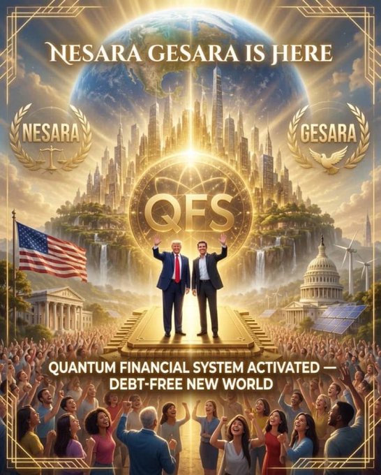 The image is a promotional graphic featuring Donald Trump and Elon Musk standing triumphantly on a golden platform, surrounded by cheering crowds and imagery of American institutions, with text proclaiming "NESARA GESARA IS HERE," "QFS," and "QUANTUM FINANCIAL SYSTEM ACTIVATED — DEBT-FREE NEW WORLD." It visually illustrates the post's claim of a historic financial reset led by these figures, aligning with the narrative of a transformative "Golden Age" through the alleged QFS activation.