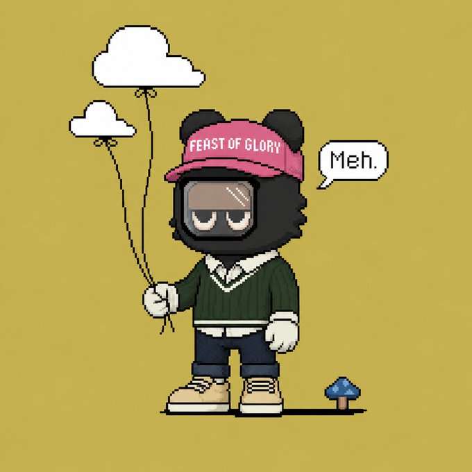 Pixel art illustration of a character wearing a pink 'FEAST OF GLORY' cap, dark sweater, and goggles, holding cloud-shaped balloons with a speech bubble saying 'Meh.' on a yellow background.