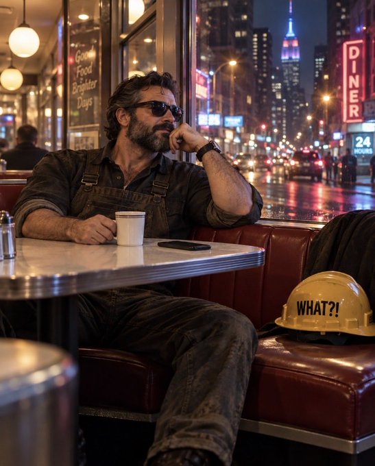 A bearded man in overalls and sunglasses sits contemplatively in a diner booth at night, with a coffee mug in front of him and a yellow hard hat reading 'WHAT?!' resting on the seat beside him.