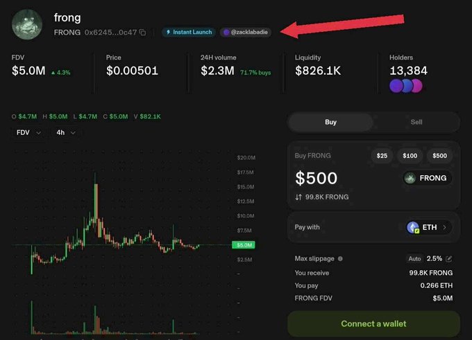 The image shows a trading interface for the FRONG token ($FRONG) on what appears to be a cryptocurrency exchange, with a red arrow pointing to "@zacklabadie" tagged next to "Instant Launch" — highlighting the connection the post draws between FRONG, the Pools.trade ecosystem, and its designer.