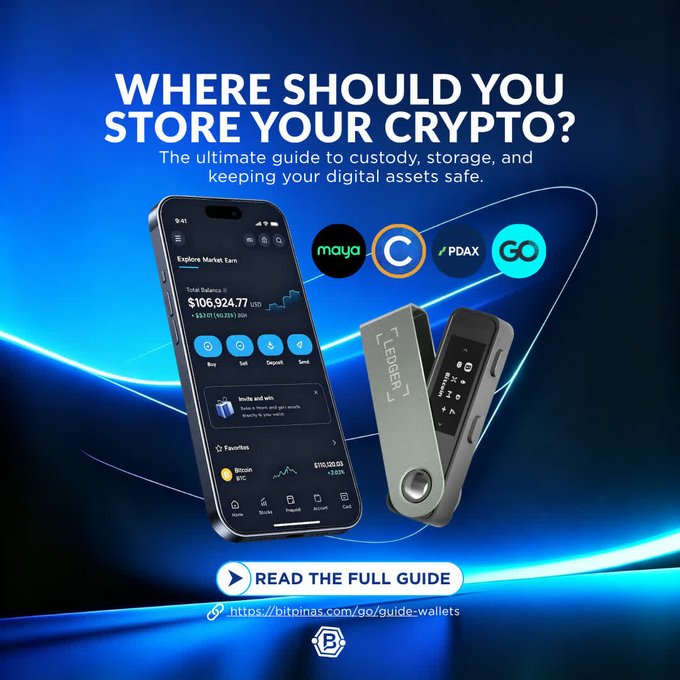 Promotional graphic titled 'WHERE SHOULD YOU STORE YOUR CRYPTO? The ultimate guide to custody, storage, and keeping your digital assets safe.' It features a smartphone displaying a wallet app showing a balance of $106,924.77 USD, alongside logos for Maya, Coins.ph, PDAX, and GCash, and a Ledger hardware wallet. A 'READ THE FULL GUIDE' button and URL 'https://bitpinas.com/go/guide-wallets' are visible at the bottom.