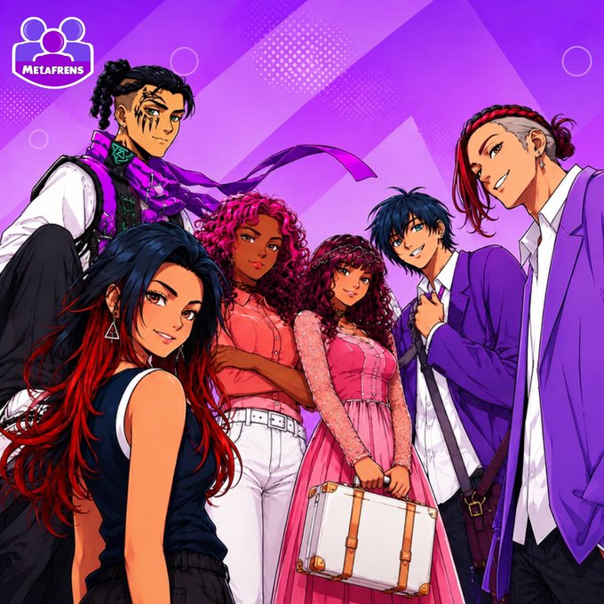 The image features a vibrant group of five diverse animated characters styled in purple and pink tones, with the "MetaFrens" logo visible in the top-left corner. The illustration aligns perfectly with the post's theme of community strength in Web3, showcasing unity among distinct individuals who come together to represent the power of collective collaboration.