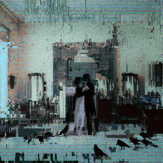 A glitch-art style image depicting a silhouetted couple embracing in the center of a distorted, pixelated urban skyline with birds scattered across the foreground.