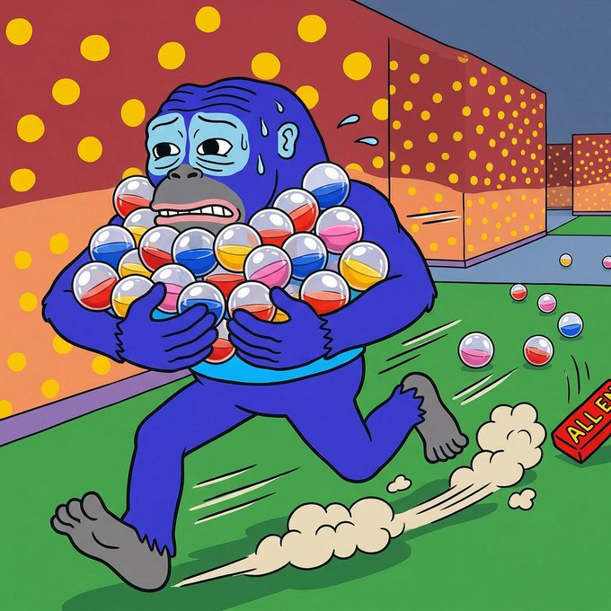 A sweating blue gorilla clutches an armful of colorful capsules while running past a partially visible "ALL E..." sign, humorously illustrating the "SOLD OUT" message as the panicked Ronke desperately tries to save his stash from spilling.