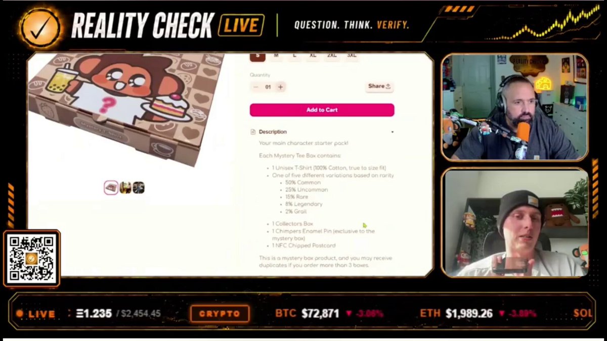 The image shows a computer screen displaying a chat window with three people engaged in conversation. One person is talking about a new online shop called "Chimpers" that sells mystery boxes, while another person is discussing the shop's offerings on Twitter. The third person is listening intently to their friends' conversation. The post also mentions an online auction for a mystery box and includes a link to the shop's website.