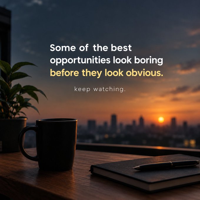 A motivational quote over a city sunset background reads: "Some of the best opportunities look boring before they look obvious. keep watching." with a coffee mug, plant, notebook, and pen in the foreground.