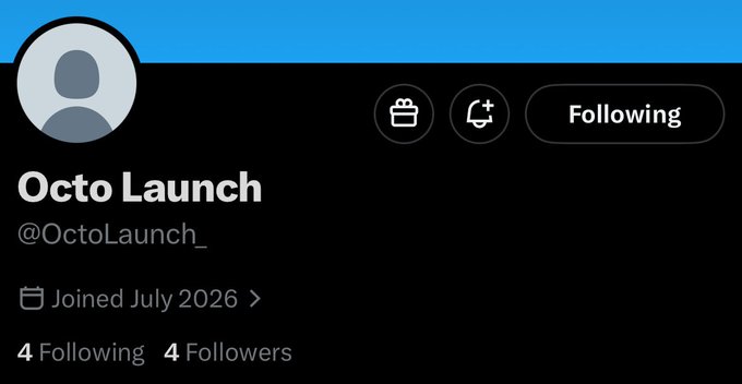 The image shows an X/Twitter profile header for "Octo Launch" (@OctoLaunch_), displaying the account has 4 following, 4 followers, and joined July 2026. The accompanying post promotes this as an "EARLY ALPHA" memecoin launch tied to Robinhood, leveraging the small follower count to create urgency around the limited exposure opportunity.
