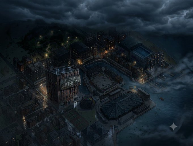 A dark, atmospheric aerial view of "Gutter City" at night, with illuminated buildings, a prominent "WELCOME TO GUTTER CITY" sign on a tall structure, and a partial sign reading "HOPE IN PROGRESS" below it. The gloomy skyline and ongoing construction imagery reinforce the Allies' message of rebuilding and vigilance from the shadows of the city.