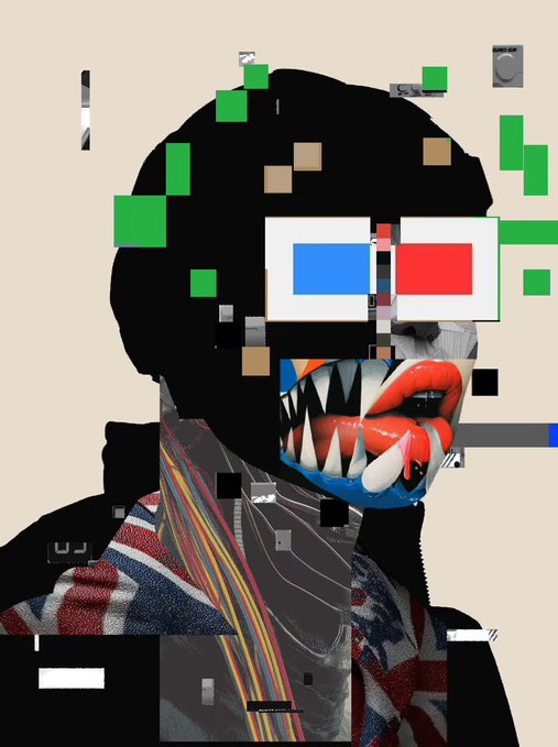 A stylized digital collage portrait featuring a figure with red lips, sharp teeth, and 3D glasses (blue and red lenses), surrounded by scattered green pixels and glitch effects.