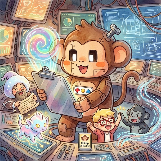 Cute chibi-style monkey mascot illustration surrounded by computer monitors, charts, a wizard, a cat, and cheering characters, labeled 'Chimp of the Day'