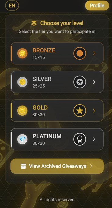 A mobile app interface titled "Choose your level" displays tier options including Bronze (15x15), Silver (25x25), Gold (30x30), and Platinum (30x30), with a "View Archived Giveaways" button below.