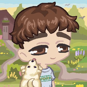A chibi-style cartoon of a brown-haired boy holding a small hamster, wearing a shirt with 'YORK' visible, set in a garden landscape.