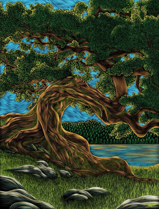 A stylized illustration of a large, twisted tree with twisted brown bark and green leaves beside a river, rendered in a Van Gogh-like swirling style with grass and rocks in the foreground.