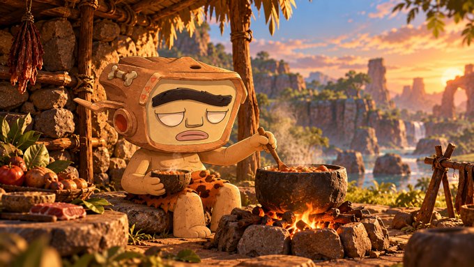 A 3D-rendered cartoon character wearing a bear-themed hood cooking over an open fire in a rustic stone village setting at sunset.