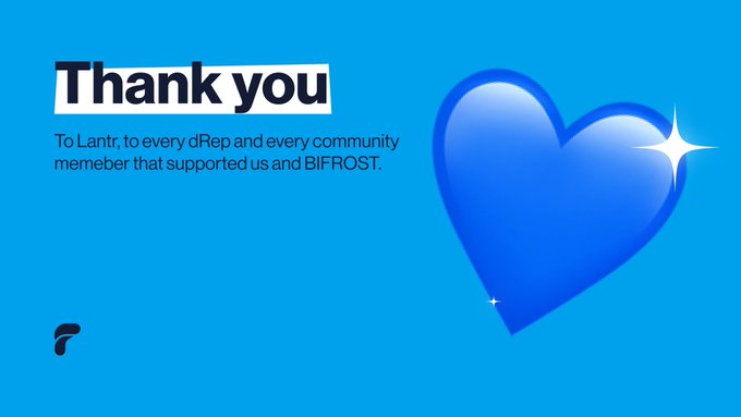A blue slide with a 3D heart graphic that reads "Thank you" and acknowledges Lantr, dRep, and community members for supporting BIFROST.
