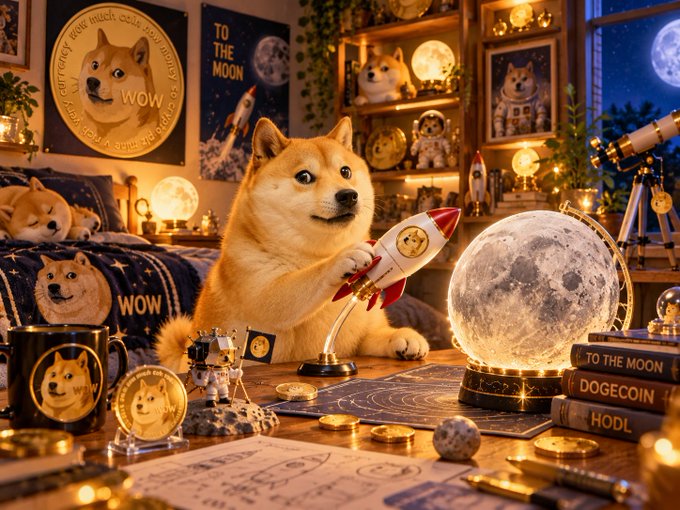 A detailed digital artwork showing a Shiba Inu holding a toy rocket in a room decorated with Dogecoin memorabilia, including a 'To The Moon' poster, gold coins, and a glowing moon lamp.