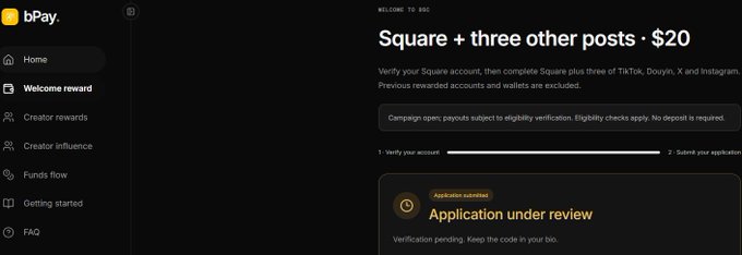 The image shows the bPay platform's "Welcome reward" page displaying a campaign titled "Square + three other posts · $20" with instructions to verify a Square account and complete three additional offers from TikTok, Douyin, X, and Instagram. The application status indicates "Application under review," which aligns with the post discussing a $20 task opportunity that the user worried they may have missed due to sleeping early the previous night.
