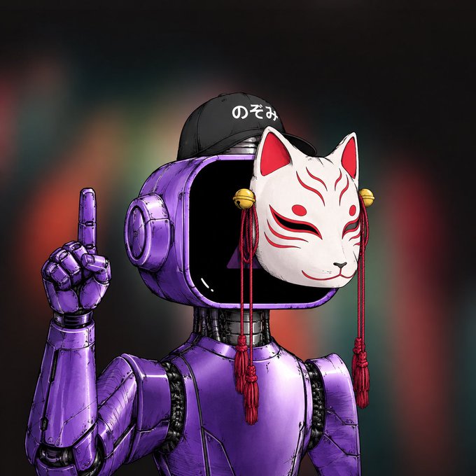 A digital illustration depicts a purple robotic figure wearing a black cap with Japanese text "のぞみ" (Nozomi) and holding up a finger, while its screen-like head displays a white kitsune (fox) mask with red markings and hanging cords.