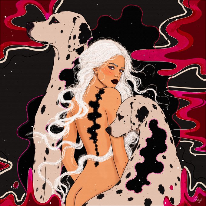 An illustrated artwork showing a white-haired woman with a black spine tattoo posed between two Dalmatian dogs, set against a swirling red, black, and cream-colored background.