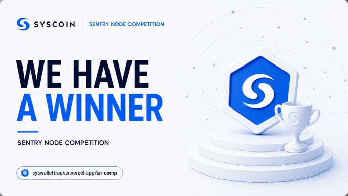 A promotional graphic for the Syscoin Sentry Node Competition announces "We Have A Winner," featuring the Syscoin logo displayed alongside a trophy on a pedestal, with the winning node address sys1qafdwz0qae4mgekxkj58tj4ea6kq6d5uh2rc5pn and a link to syswallettracker.vercel.app/sn-comp highlighted in the accompanying announcement.