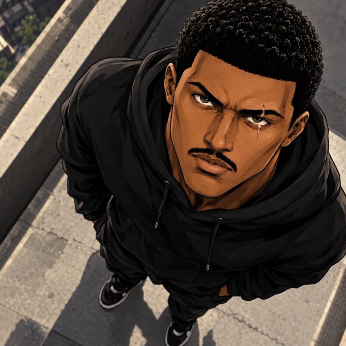 An illustrated portrait of a young man in a black hoodie looking upward with a serious expression and a scar across his eye, viewed from above on concrete steps.