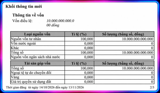 A Vietnamese business registration document titled 'Khởi tạo tin mới' showing charter capital details, including 'Vốn điều lệ: 10.000.000.000,00 đồng' and a registration period from 14/10/2026 to 13/11/2026.