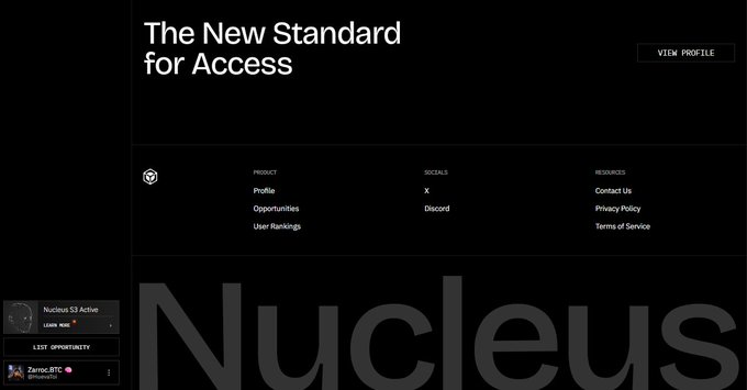 A dark-themed website screenshot with the text 'The New Standard for Access' and 'Nucleus' prominently displayed, showing navigation options for Product, Socials, and Resources including X and Discord links.