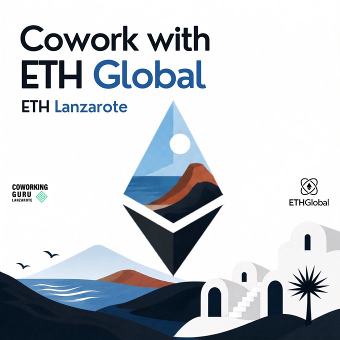 Promotional graphic reading 'Cowork with ETH Global - ETH Lanzarote' featuring the Ethereum logo, a volcanic landscape, and white buildings, with logos for Coworking Guru Lanzarote and ETH Global.
