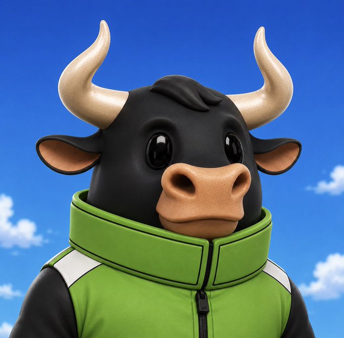 A 3D-rendered cartoon bull with large expressive eyes and cream-colored horns wears a bright green zip-up jacket against a blue sky with scattered clouds. The image aligns with the post's bullish sentiment, visually symbolizing "bulls in control" for $ansem and $bullshit.