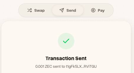 A mobile crypto wallet interface shows a successful transaction confirmation, displaying 'Transaction Sent' with 0.001 ZEC sent to address t1gFK5LX…RVtTGU, featuring Swap, Send, and Pay tabs at the top.