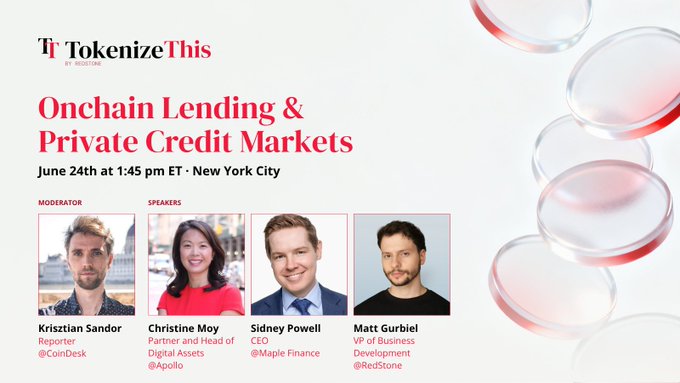 The image features a poster for an event titled "Onchain Lending & Private Credit Markets" scheduled for June 4th at 14:45 pm in New York City. The poster includes four images of people, with three men and one woman, who are featured on the panel discussion. The text on the poster indicates that this is a sponsored event, as it is written in black letters against a white background.