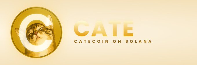A golden banner image featuring a smiling cat inside a coin-like circle with the letter "C" alongside the text "CATE — CATECOIN ON SOLANA," serving as the promotional banner for the Solana-based $CATE token.