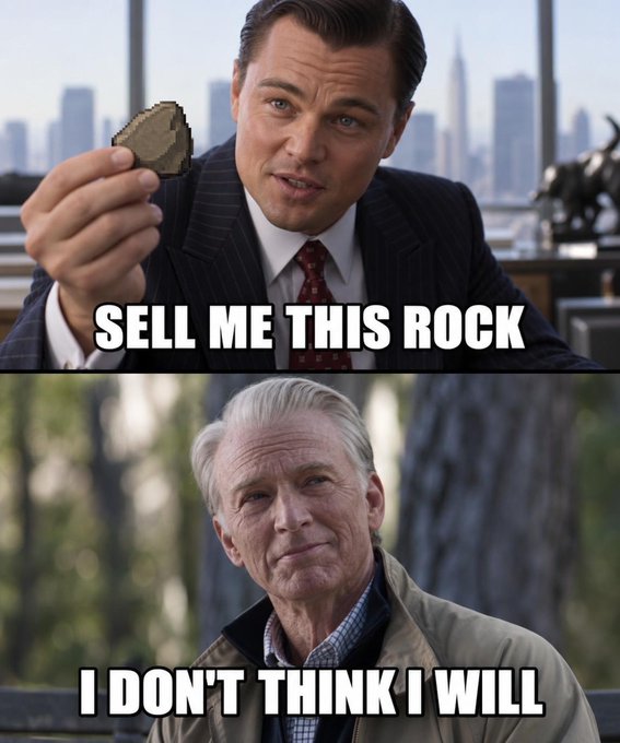 A two-panel meme featuring Leonardo DiCaprio holding a pixelated rock with the text "SELL ME THIS ROCK" above a panel of Clint Eastwood responding with "I DON'T THINK I WILL".