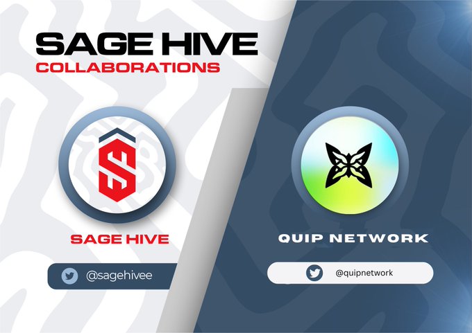 The image features a poster with two logos side-by-side. The top logo displays the words "Sage Hive" and "collaborations", while the bottom logo shows a green butterfly and the text "Quip Network". The poster also includes a social media share button, indicating that the collaboration is being shared on various platforms.