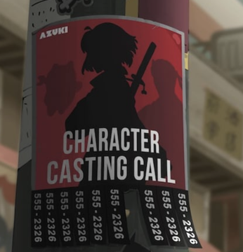 A red poster on a street pole advertising a 'CHARACTER CASTING CALL' with a silhouette of a sword-wielding character and the name 'AZUKI'.
