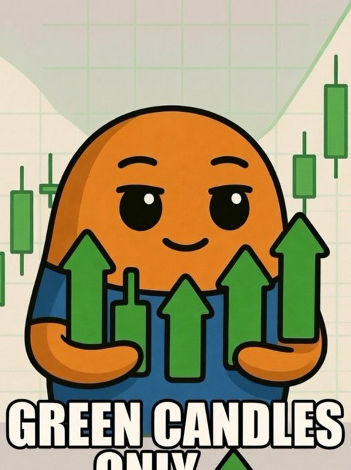 A cartoon-style meme features an orange character holding green upward arrows with candlestick chart graphics in the background, captioned 'GREEN CANDLES ONLY'.