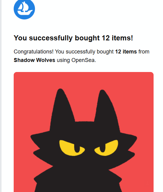 OpenSea purchase confirmation screen: "You successfully bought 12 items!" from the Shadow Wolves NFT collection, featuring a black cat with yellow eyes on a red background.