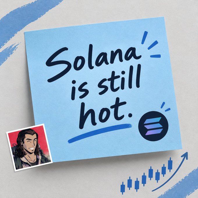 A graphic showing a blue sticky note with the text "Solana is still hot." alongside the Solana logo, a character avatar, and a candlestick chart with an upward arrow.
